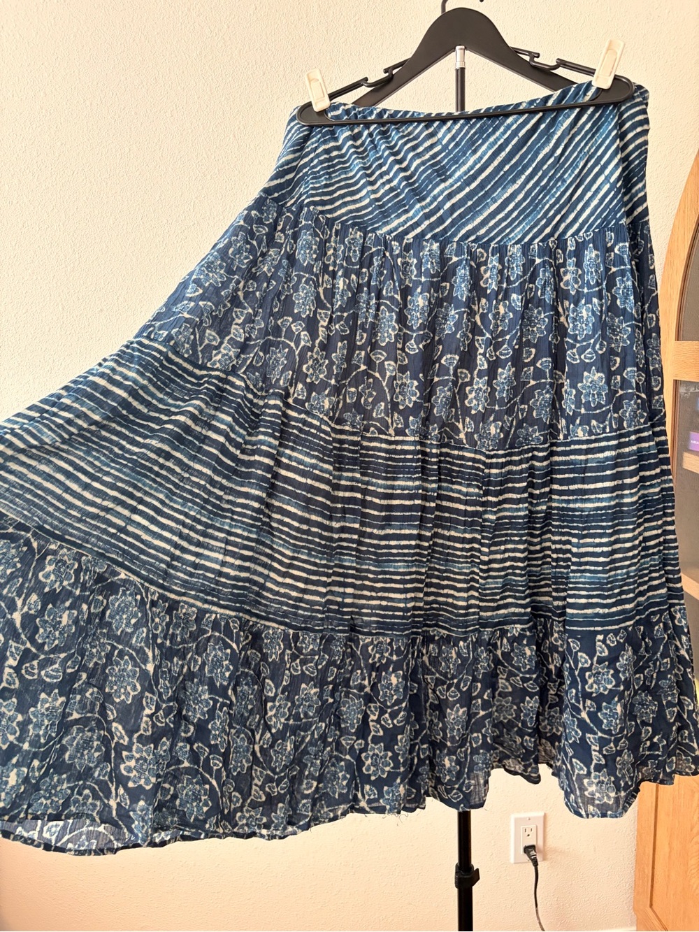 Gorgeous Indigo Dyed Blue Floral Tiered Maxi Skirt